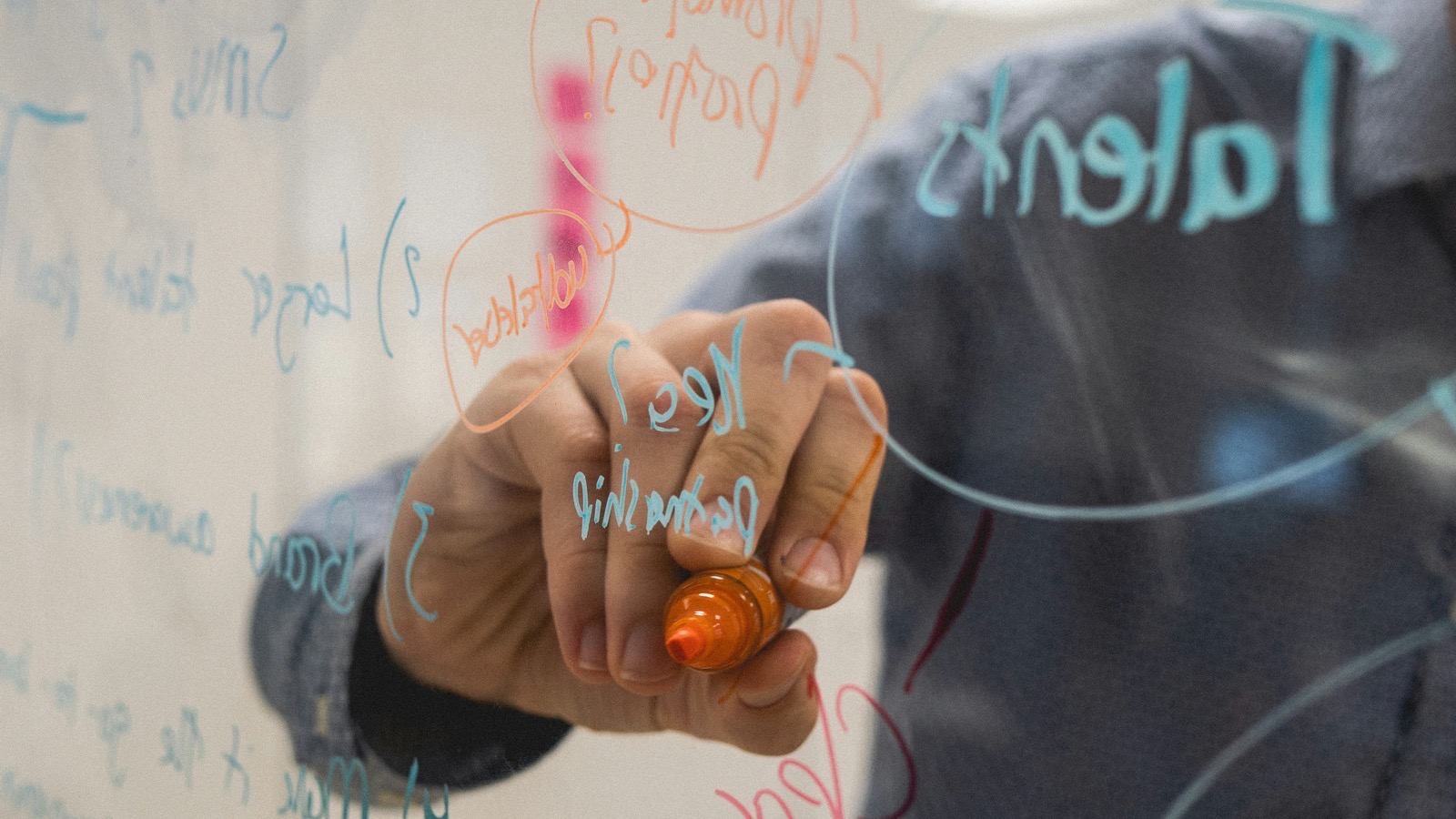 A hand with an orange marker writing notes and circles on a glass whiteboard.